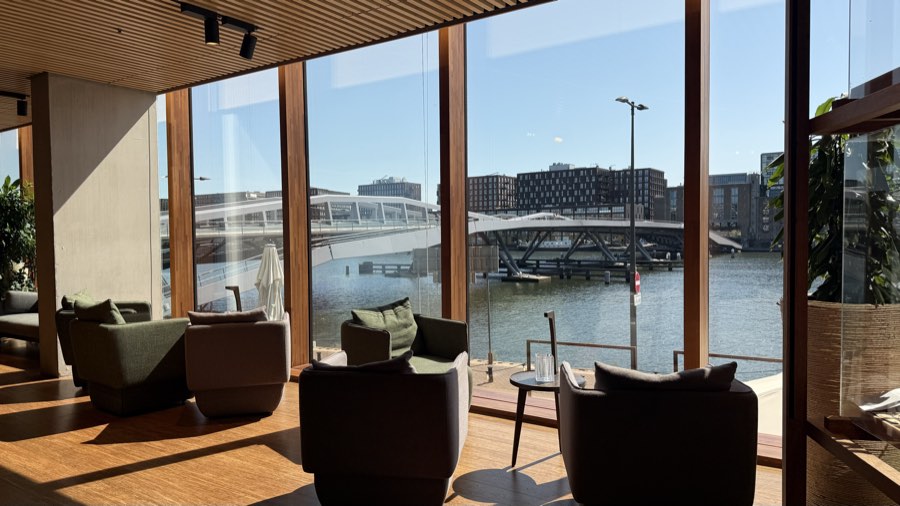 Lounge looking out over the water to the bridge